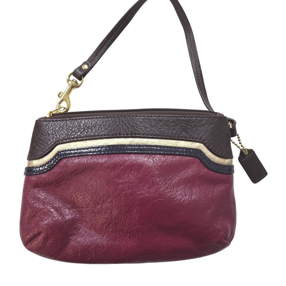 Coach Burgundy Brown Navy Gold Leather Colorblock Wristlet Pouch Zip Top Bag - Picture 2 of 9
